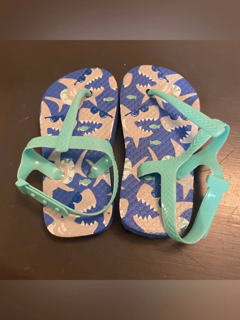 Toddler Shark Print Flip Flops with Aqua Straps one size